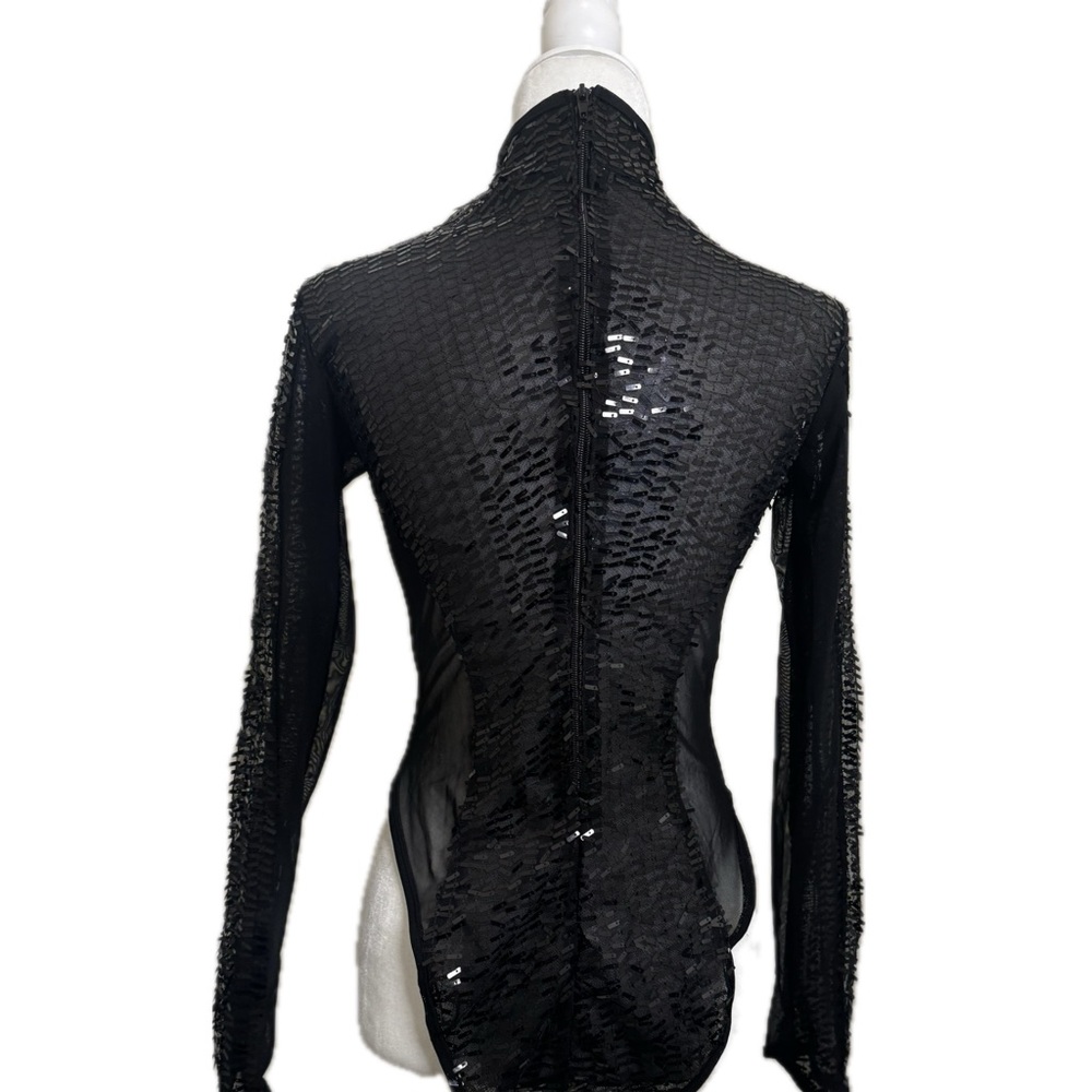 Black Sequin Symmetric Bodysuit with Long Sleeves, Size L - Picture 8 of 15